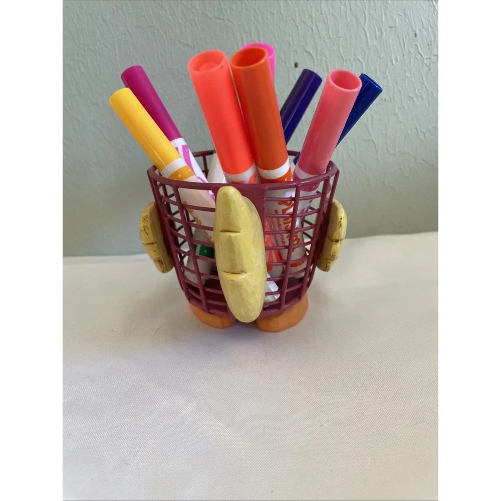 Vintage RUSS Berrie Duck Wire Basket Plant Pen Holder Hand Painted Kids Desk